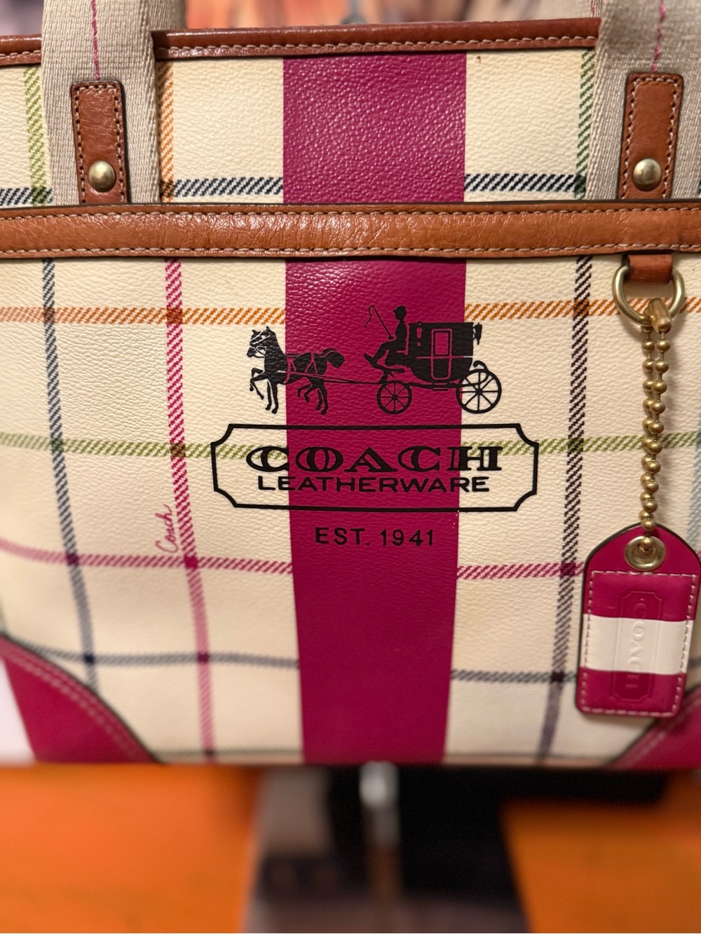 Coach Leatherware Plaid Tote Bag in Cream and Pink - Picture 2 of 14